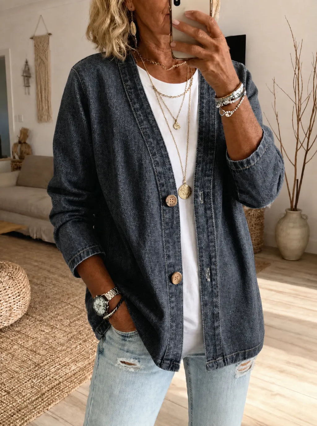 🧥 50% OFF NOW! ✨ Women's Classic Button Front Denim Jacket – V-Neck, Breathable Fabric & Relaxed Fit 💙