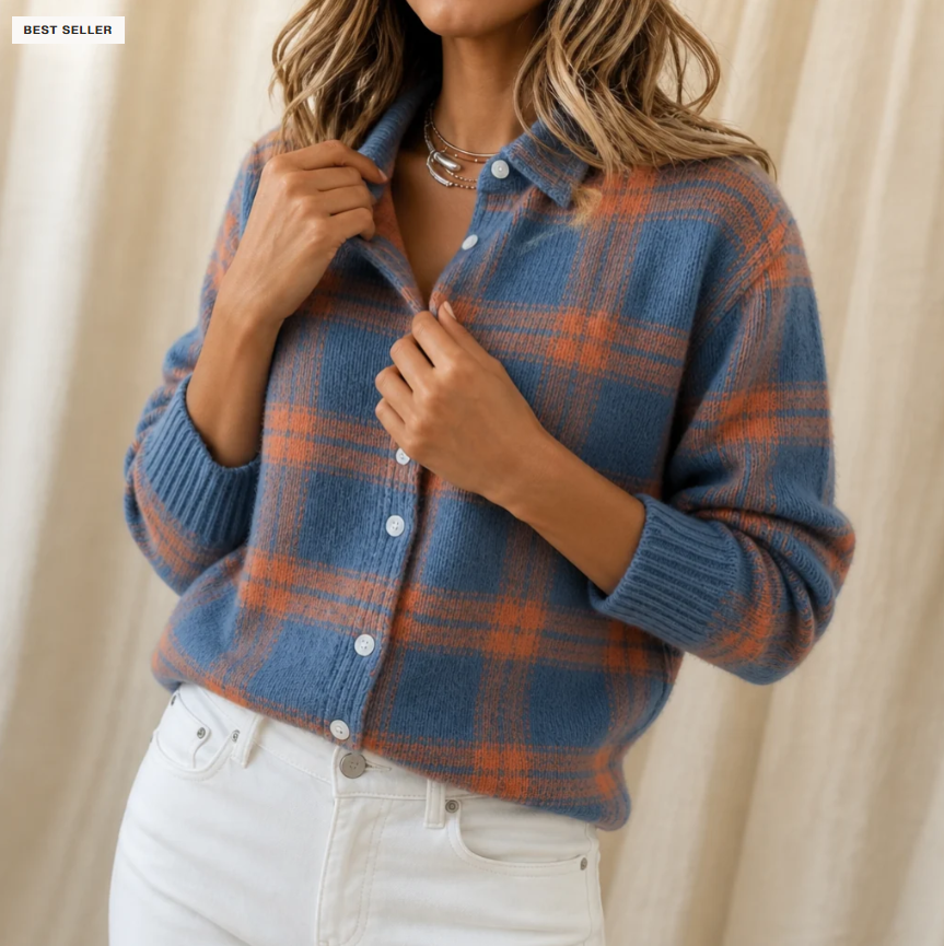 Women's Plaid Print Casual Buttoned Cardigan Sweater