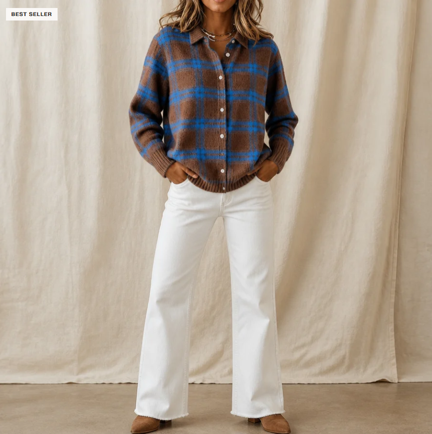Women's Plaid Print Casual Buttoned Cardigan Sweater