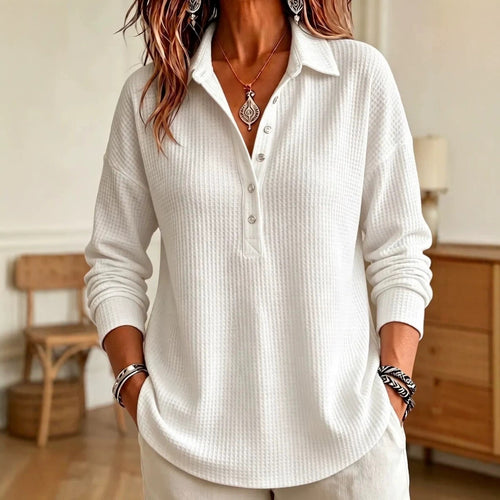 CLEARANCE SALE🔥 Women's Casual Waffle Knit Collared Henley Long Sleeve Shirt