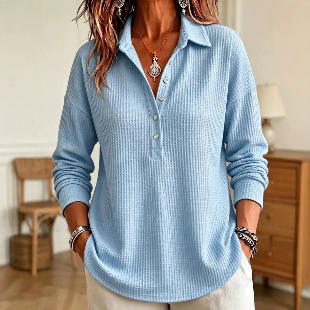 CLEARANCE SALE🔥 Women's Casual Waffle Knit Collared Henley Long Sleeve Shirt