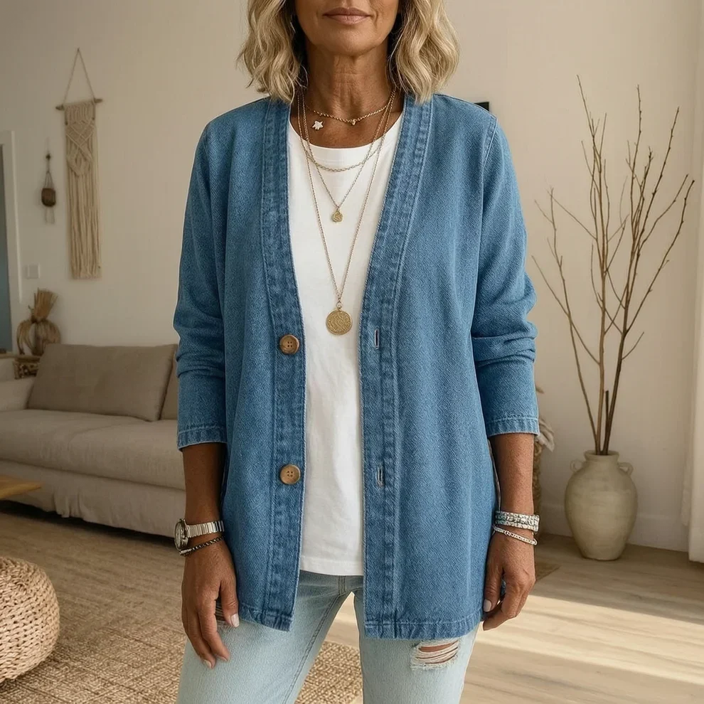 🧥 50% OFF NOW! ✨ Women's Classic Button Front Denim Jacket – V-Neck, Breathable Fabric & Relaxed Fit 💙