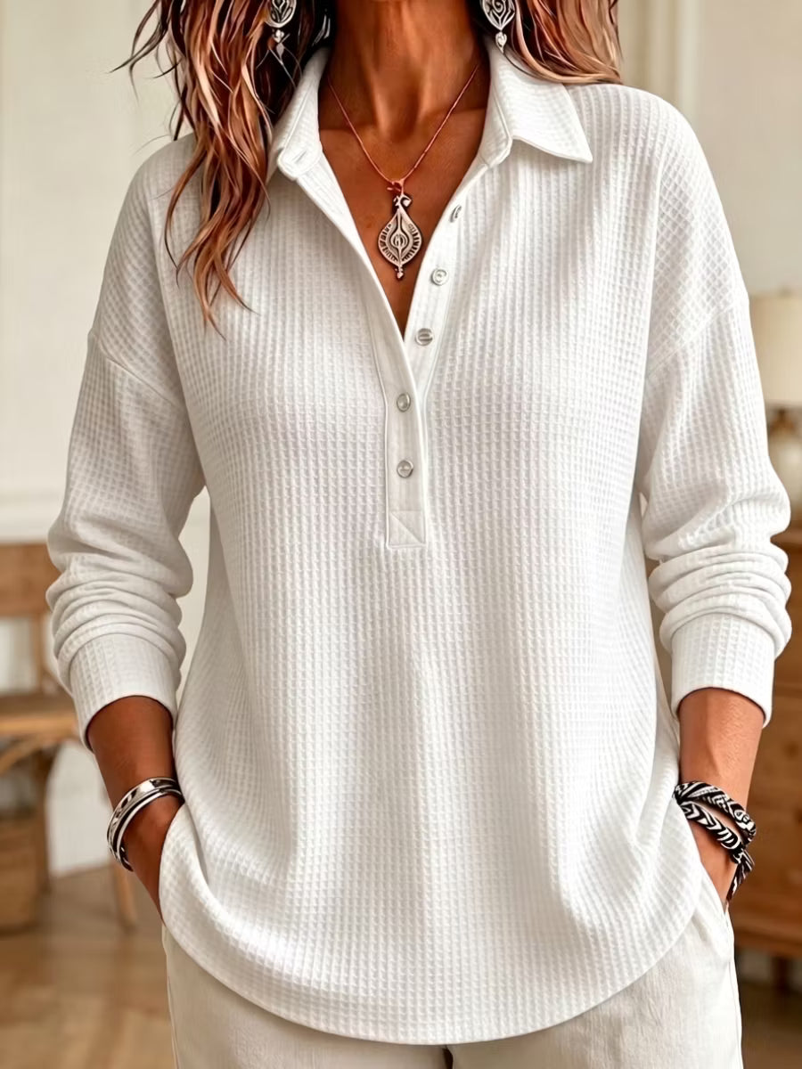 CLEARANCE SALE🔥 Women's Casual Waffle Knit Collared Henley Long Sleeve Shirt
